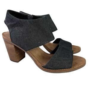 Toms Majorca Womens Chunky High Heel Open Toe Sandals Black Denim Shoes sz 8.5